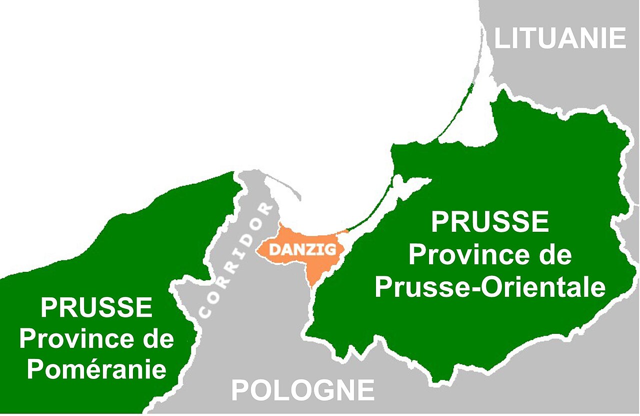 Texte à trous : L'Allemagne nazie revendique des territoires perdus après la Première Guerre mondiale, comme la ville de {{1}} et le {{2}}, une région qui sépare l'Allemagne de la Prusse orientale. — afficher la réponse